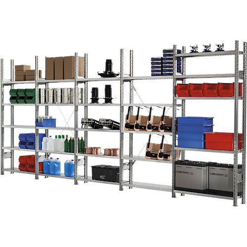 Steckregal R 3000, Komplettregal 5,155 m, 1 Grund- und 4 Anbaufelder incl. 25 Böden, verzinkt, H 2278 x B 5155 x T 500 mm