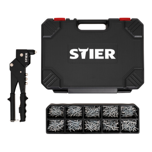 STIER Blindnieten-Satz Premium mit 360°-Handnietzange und Blindnieten 501-teilig