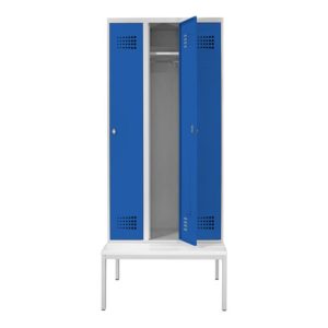 STIER Garderobenspind Premium mit Sitzbankuntergestell 3 Abteile Drehriegel lichtgrau/enzianblau STIER Garderobenspind Premium mit Sitzbankuntergestell 3 Abteile Drehriegel lichtgrau/enzianblau