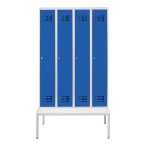 STIER Garderobenspind Premium mit Sitzbankuntergestell 4 Abteile Drehriegel lichtgrau/enzianblau STIER Garderobenspind Premium mit Sitzbankuntergestell 4 Abteile Drehriegel lichtgrau/enzianblau