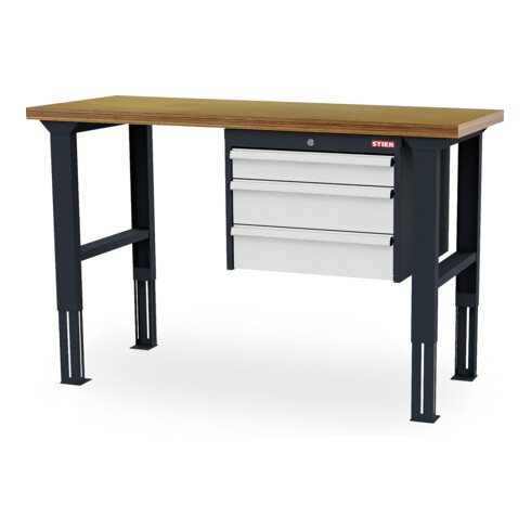 STIER Höhenverstellbare Werkbank mit 1x100, 2x150 mm Schubladen BxTxH 1500x600x760-1060 mm RAL 7016 / RAL 7035