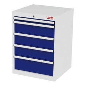 STIER Schubladenschrank mit 5 Schubladen BxTxH 600x575x820 mm lichtgrau/enzianblau STIER Schubladenschrank mit 5 Schubladen BxTxH 600x575x820 mm lichtgrau/enzianblau