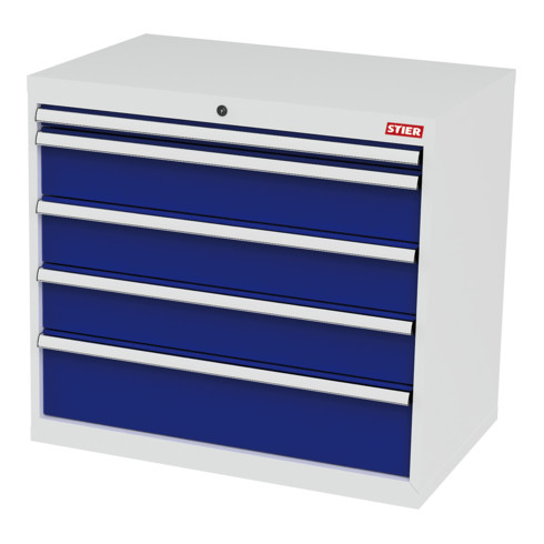 STIER Schubladenschrank mit 5 Schubladen BxTxH 900x575x820 mm lichtgrau/enzianblau