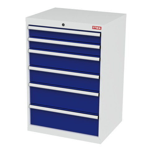STIER Schubladenschrank mit 6 Schubladen BxTxH 700x575x1020 mm lichtgrau/enzianblau