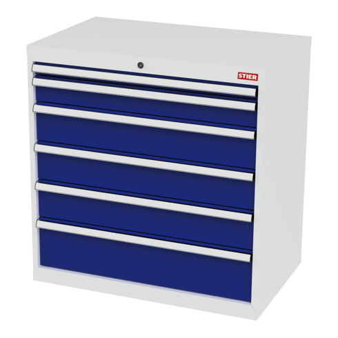 STIER Schubladenschrank mit 6 Schubladen BxTxH 900x575x920 mm lichtgrau/enzianblau