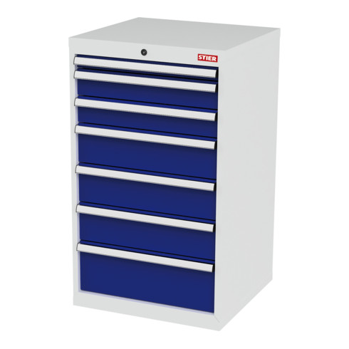 STIER Schubladenschrank mit 7 Schubladen BxTxH 600x575x1020 mm lichtgrau/enzianblau