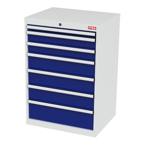 STIER Schubladenschrank mit 7 Schubladen BxTxH 700x575x1020 mm lichtgrau/enzianblau