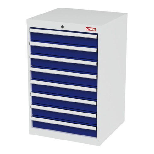 STIER Schubladenschrank mit 8 Schubladen BxTxH 600x575x920 mm lichtgrau/enzianblau