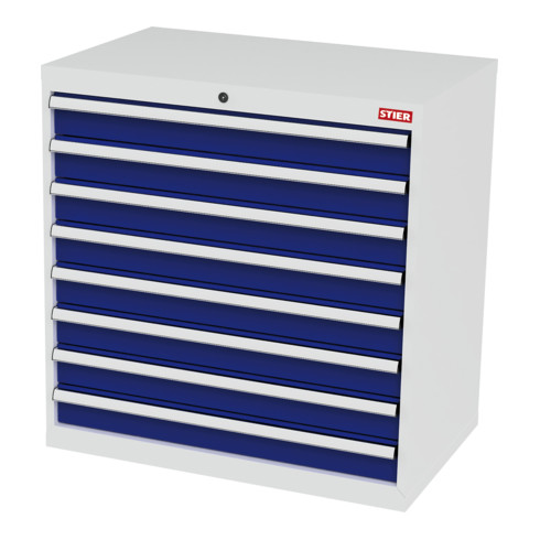 STIER Schubladenschrank mit 8 Schubladen BxTxH 900x575x920 mm lichtgrau/enzianblau