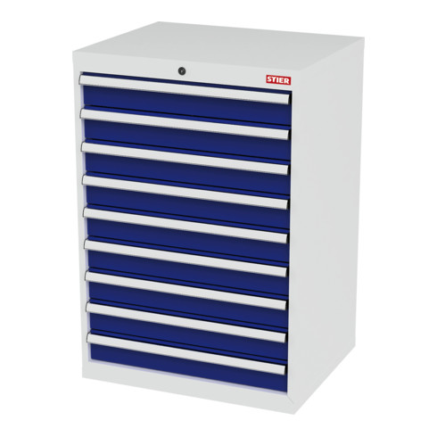 STIER Schubladenschrank mit 9 Schubladen BxTxH 700x575x1020 mm lichtgrau/enzianblau