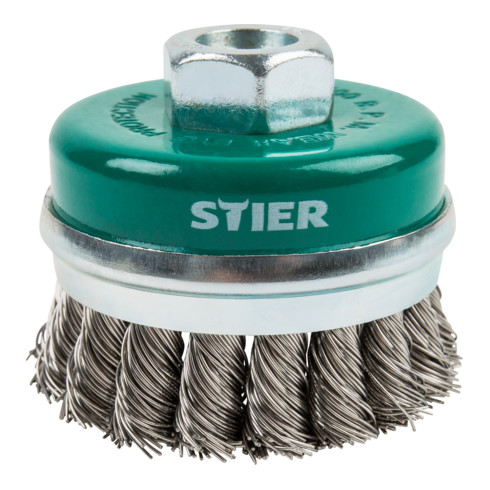 STIER Topfbürste Ø 65 mm, M14, 0,5 mm, gezopft, Edelstahl