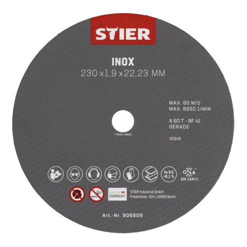 STIER Trennscheibe Edelstahl/Inox 230 x 1,9 x 22,23 mm, Form gerade