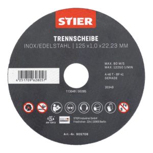 STIER Trennscheibe Edelstahl 125 x 1,0 x 22,23 mm, Form gerade STIER Trennscheibe Edelstahl 125 x 1,0 x 22,23 mm, Form gerade
