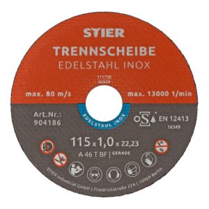 STIER Trennscheibe / Flexscheibe 115 x 1,0 x 22,23 mm gerade Inox / Edelstahl STIER Trennscheibe / Flexscheibe 115 x 1,0 x 22,23 mm gerade Inox / Edelstahl