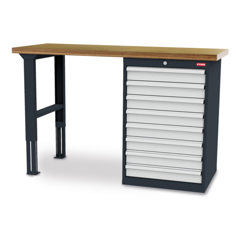 STIER Werkbank BxTxH 1500x600x1060 mm mit 1 Schrankgehäuse der Breite 600 mm RAL 7016 / RAL 7035