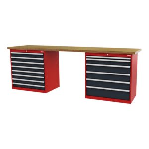 STIER Werkbank BxTxH 2500x600x960 mm mit 2 Schrankgehäusen der Breite 900 mm RAL 3020 / RAL 7016 STIER Werkbank BxTxH 2500x600x960 mm mit 2 Schrankgehäusen der Breite 900 mm RAL 3020 / RAL 7016