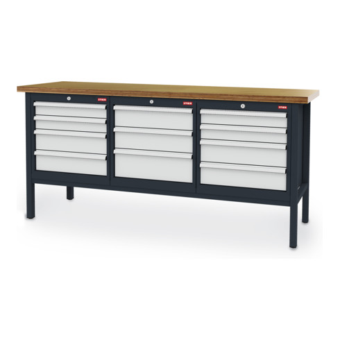 STIER Werkbank mit 11 Schubladen BxTxH 2000x600x960 mm RAL 7016 / RAL 7035