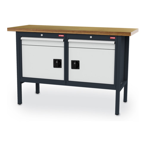STIER Werkbank mit 2 Schubladen und 2 Türen BxTxH 1500x600x960 mm RAL 7016 / RAL 7035