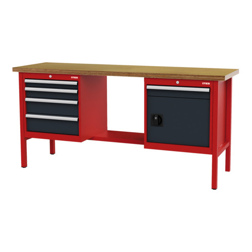 STIER Werkbank mit 5 Schubladen und 1 Tür BxTxH 2000x600x960 mm RAL 3020 / RAL 7016