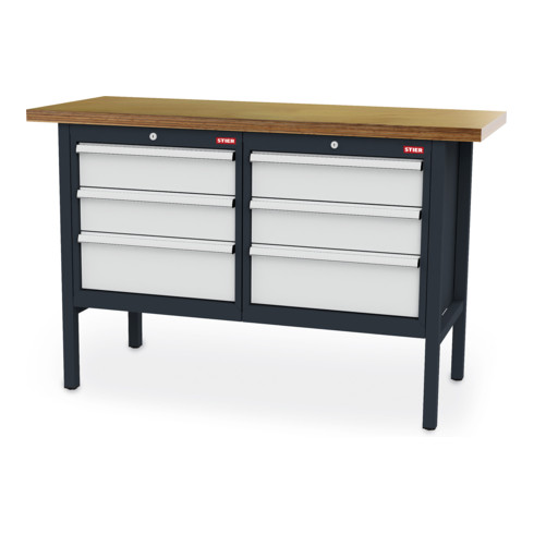 STIER Werkbank mit 6 Schubladen BxTxH 1500x600x960 mm RAL 7016 / RAL 7035