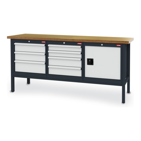 STIER Werkbank mit 7 Schubladen und 1 Tür BxTxH 2000x600x960 mm RAL 7016 / RAL 7035