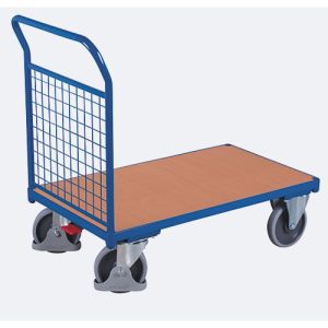 Stirnwandwagen, Stahl/MDF-Platte, Enzianblau/Buche-Dekor, L 1030 x B 600 mm, Stirnwand aus Drahtgitter, TPE-Rollen mit EasySTOP, bis 500 kg Stirnwandwagen, Stahl/MDF-Platte, Enzianblau/Buche-Dekor, L 1030 x B 600 mm, Stirnwand aus Drahtgitter, TPE-Rollen mit EasySTOP, bis 500 kg
