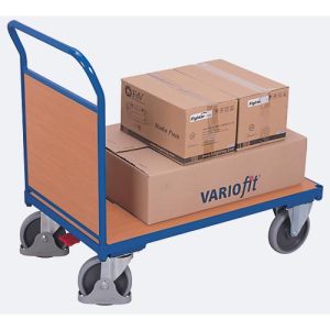 Stirnwandwagen, Stahl/MDF-Platte, Enzianblau/Buche-Dekor, L 880 x B 500 mm, Stirnwand aus MDF-Platte, TPE-Rollen mit EasySTOP, bis 400 kg Stirnwandwagen, Stahl/MDF-Platte, Enzianblau/Buche-Dekor, L 880 x B 500 mm, Stirnwand aus MDF-Platte, TPE-Rollen mit EasySTOP, bis 400 kg