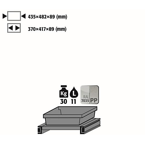 Tablarauszug Abz für asecos Chemikalienschränke der CS Serie, Stahlblech/Polypropylen, lichtgrau, B 435 x T 482 x H 94 mm, 11 l, bis 30 kg