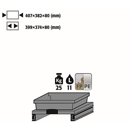 Tablarauszug für asecos Sicherheitsschränke der K90 Serie, FP-Platte/Polypropylen, grau, B 407 x T 382 x H 80 mm, 11 l, bis 25 kg