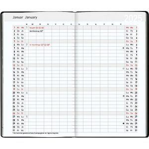 Taschenkalender ‚Pluto 2025‘, Kartoneinband, Kalendarium in D/GB/F/I, B 87 x H 153 mm, schwarz