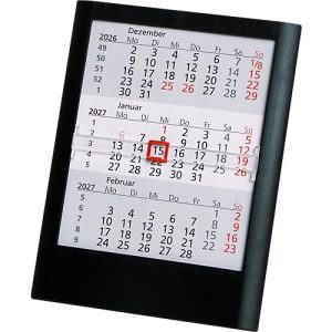 Tisch-Aufstellkalender Standard 2025/2026, 24 Seiten, roter Datumsschieber, B 120 x H 160 mm, Kunststoff, schwarz