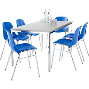 Tischgruppe, mit Stapelstuhl BETA, Bezug blau, 6 Stück + Konferenztisch, B 1600 x T 800 mm, lichtgrau Tischgruppe, mit Stapelstuhl BETA, Bezug blau, 6 Stück + Konferenztisch, B 1600 x T 800 mm, lichtgrau