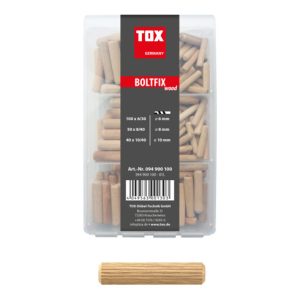 TOX Holzdübel Sortiment 190 tlg. Boltfix wood 100x 6×30 mm, 50x 8×40 mm, 40x 10×40 mm, Riffeldübel aus massiver Buche TOX Holzdübel Sortiment 190 tlg. Boltfix wood 100x 6×30 mm, 50x 8×40 mm, 40x 10×40 mm, Riffeldübel aus massiver Buche