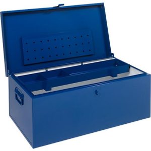 Transportkiste, Dokumentenfach, herausnehmbares Werkzeugfach, L 830 x B 440 x H 340 mm, Stahlblech, RAL 5010 Transportkiste, Dokumentenfach, herausnehmbares Werkzeugfach, L 830 x B 440 x H 340 mm, Stahlblech, RAL 5010