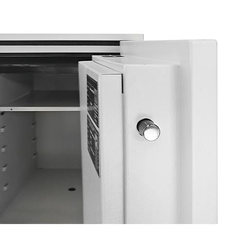 Tresor FRS 75, Feuerwiderstand LFS 60P nach EN 15659, Sicherheitsstufe S 2, Elektronikschloss, 1 Fachboden & 1 ausziehbare Schublade, B 485 x T 450 x H 792 mm, lichtgrau RAL 7035