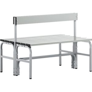 Umkleidebank, Stahlrohr/Alu, doppelt mit Rückenteil, 1015 mm breit, weißalu Umkleidebank, Stahlrohr/Alu, doppelt mit Rückenteil, 1015 mm breit, weißalu