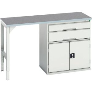 Unterbauwerkbank Bott verso, Linoleum-Platte, 2 Schubladen, 1 Tür, 1 Ablageboden, B 1500 x T 600 x H 930 mm, Lichtgrau Unterbauwerkbank Bott verso, Linoleum-Platte, 2 Schubladen, 1 Tür, 1 Ablageboden, B 1500 x T 600 x H 930 mm, Lichtgrau