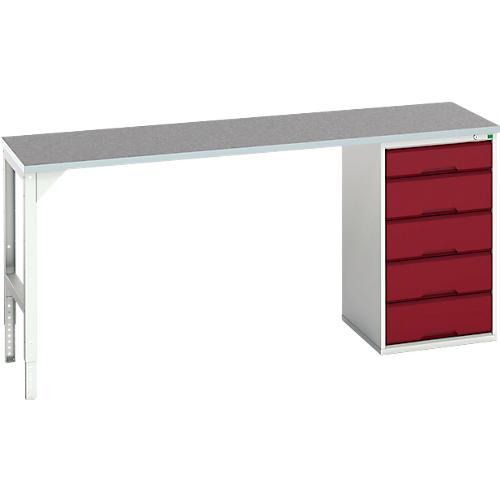 Unterbauwerkbank Bott verso, Linoleum-Platte, 5 Schubladen, B 2000 x T 600 x H 930 mm, Lichtgrau / Purpurrot