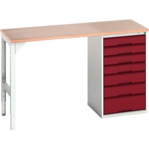 Unterbauwerkbank Bott verso, Multiplex-Platte, 7 Schubladen, B 1500 x T 600 x H 930 mm, Lichtgrau / Purpurrot Unterbauwerkbank Bott verso, Multiplex-Platte, 7 Schubladen, B 1500 x T 600 x H 930 mm, Lichtgrau / Purpurrot