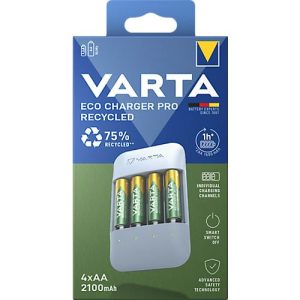 VARTA Akku Ladegerät Eco Charger Pro Recycled, aus 75% Recyclingmaterial, inkl. USB-Typ-C Ladekabel und 4x AA 2100 mAh NiMH-Akkus VARTA Akku Ladegerät Eco Charger Pro Recycled, aus 75% Recyclingmaterial, inkl. USB-Typ-C Ladekabel und 4x AA 2100 mAh NiMH-Akkus
