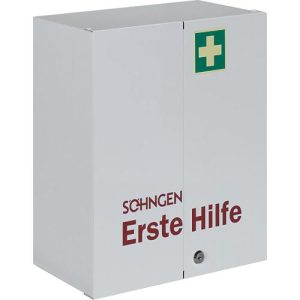 Verbandschrank ROM, DIN 13169, 2-türig, abschließbar, 2 Böden, 2 Schübe, 6 Ablageschalen & 2 Schlüssel, befüllt, Stahlbl. Verbandschrank ROM, DIN 13169, 2-türig, abschließbar, 2 Böden, 2 Schübe, 6 Ablageschalen & 2 Schlüssel, befüllt, Stahlbl.