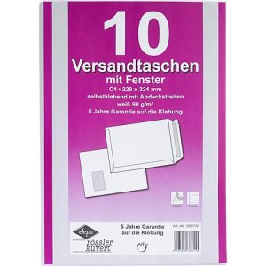 Versandtaschen Eurokuvert, DIN C4, mit Fenster, haftklebend, 10 Stück, Papier, weiß Versandtaschen Eurokuvert, DIN C4, mit Fenster, haftklebend, 10 Stück, Papier, weiß