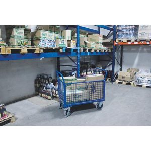 Vierwandwagen, Stahl/MDF-Platte, Enzianblau/Buche-Dekor, L 850 x B 450 mm, herausnehmbare Längswände, TPE-Rollen mit EasySTOP, bis 400 kg Vierwandwagen, Stahl/MDF-Platte, Enzianblau/Buche-Dekor, L 850 x B 450 mm, herausnehmbare Längswände, TPE-Rollen mit EasySTOP, bis 400 kg