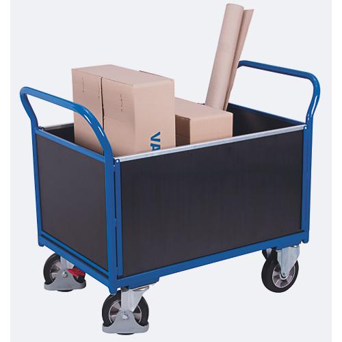 Vierwandwagen, Stahl/Siebdruckplatte, Enzianblau/Dunkelbraun, L 1995 x B 750 mm, herausnehmbare Längswände, Vollgummi-Rollen mit EasySTOP, 1000 kg