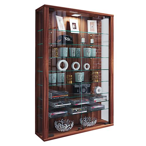 Wandvitrine Vitrosa Mini, mit LED-Beleuchtung, 8 Einlegeböden, 2 Flügeltüren, B 590 x T 180 x H 910 mm, Glas & Holz, Kern-Nussbaum-Dekor