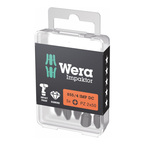 Wera Impaktor Bit für Pozidriv, 1/4 Zoll E 6,3 Set, Kreuzschlitzgröße: 2