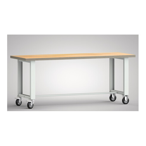 Werkbank B2000xT700xH840mm Buche Multiplex lichtgrau Bock-u.Lenkrollen,VG D125mm