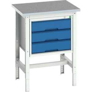 Werkbank Bott verso, Linoleum-Platte, mit Querstrebenset, 3 Schubladen, B 700 x T 600 x H 780 – 930 mm, Lichtgrau / Enzianblau Werkbank Bott verso, Linoleum-Platte, mit Querstrebenset, 3 Schubladen, B 700 x T 600 x H 780 – 930 mm, Lichtgrau / Enzianblau
