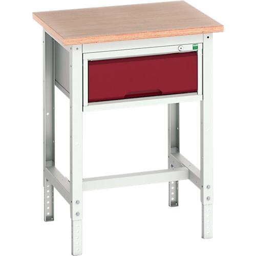 Werkbank Bott verso, Multiplex-Platte, 1 Schublade, mit Querstrebenset, B 700 x T 600 x H 780 - 930 mm, RAL 7035 Lichtgrau / Purpurrot