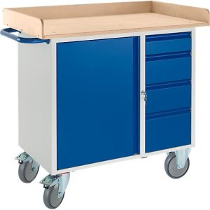 Werkbank mit Schrank, 3-seitiger Holzumrand, 2 Lenkrollen/2 Bockrollen Werkbank mit Schrank, 3-seitiger Holzumrand, 2 Lenkrollen/2 Bockrollen